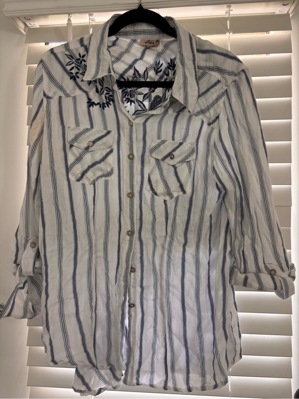 Lightweight White and Navy Striped Button-Front Blouse by Lila Rose